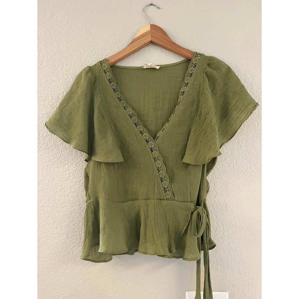 meraki Olive Wrap Blouse with Lace Trim